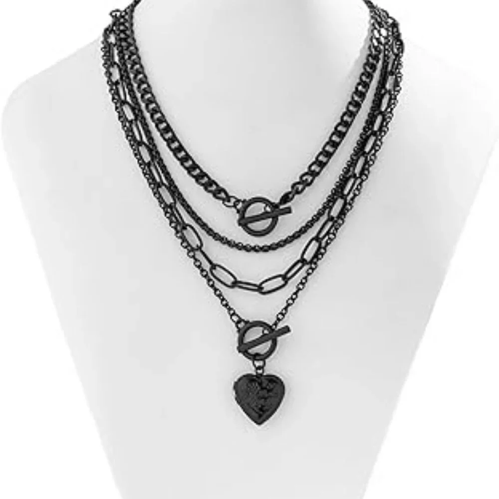 Punk Chunky Black Layered Necklace Set Fashion‎ Heart Pendant Goth Jewelry